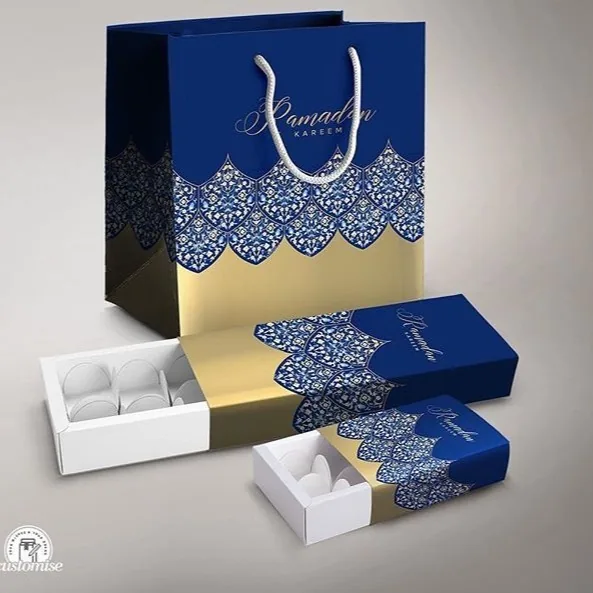 Navy patterned paper bag with matching sleeve box