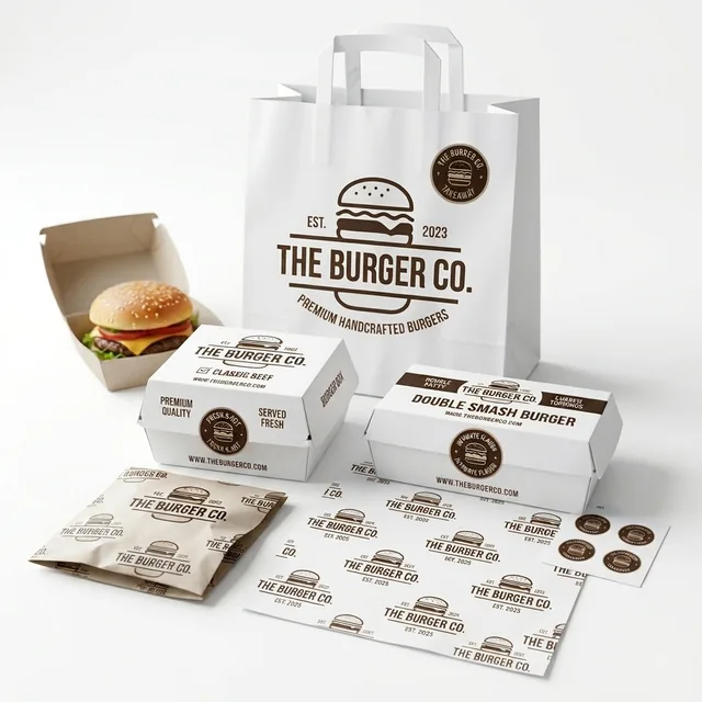 Burger boxes, kraft bag and wrapping paper printed as a branded set