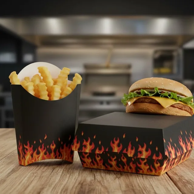 Black fries and burger boxes with flame print
