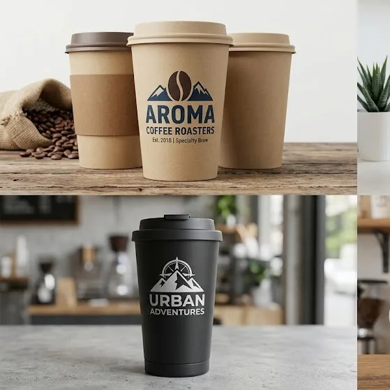 Kraft and black takeaway cups with printed branding