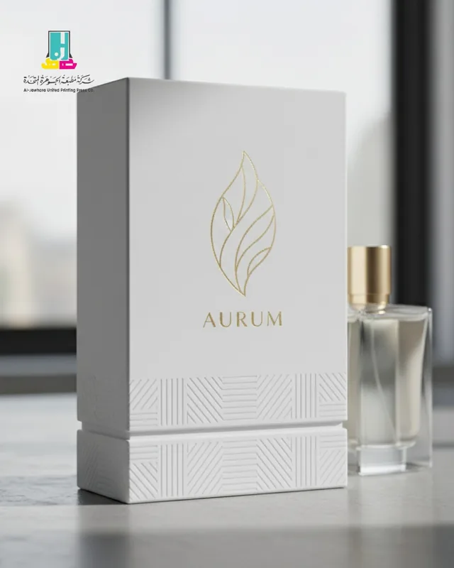 White perfume box with gold foil artwork and matching bottle