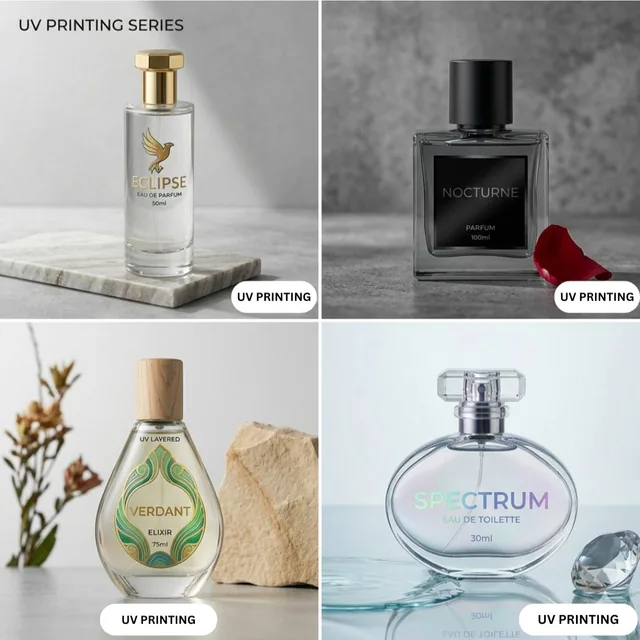 Perfume bottles with UV-printed labels